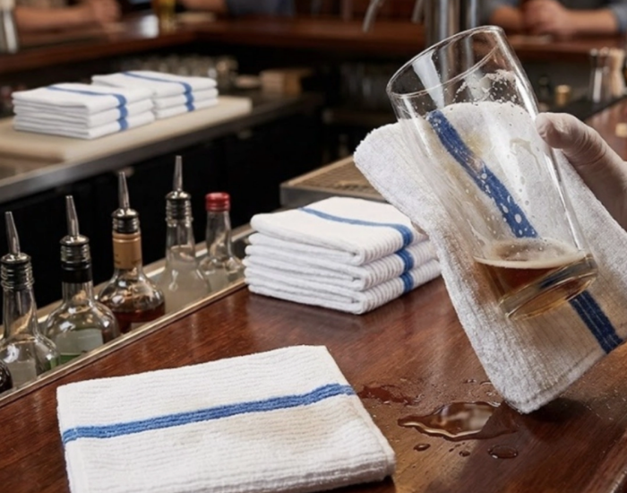 Striped bar cleaning towels, lint free glass wiping cloths for restaurant pub hospitality use, Laurey Textiles