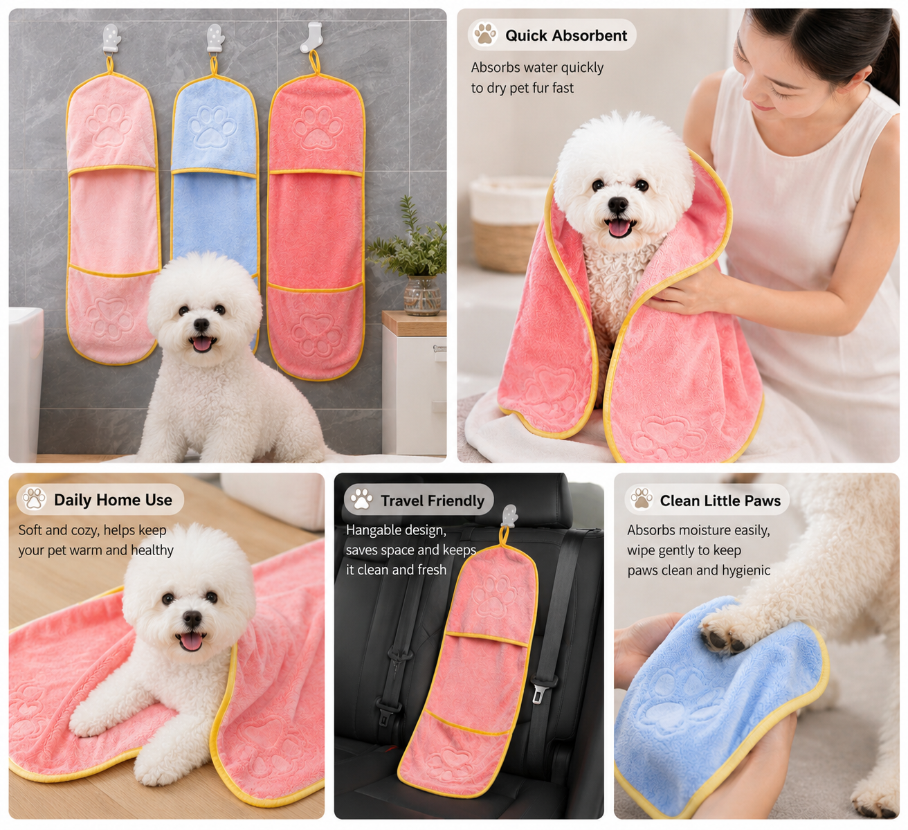 Ultra Absorbent Microfiber Pet Bath Towel - Fast Drying Dog Towel with Hand Pockets & Hanging Strap for Grooming, Travel, Paw Cleaning
