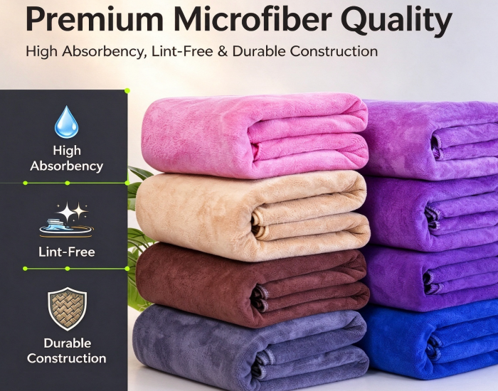 Premium microfiber quality, high absorbency lint-free durable construction, clean business layout, Laurey Textiles