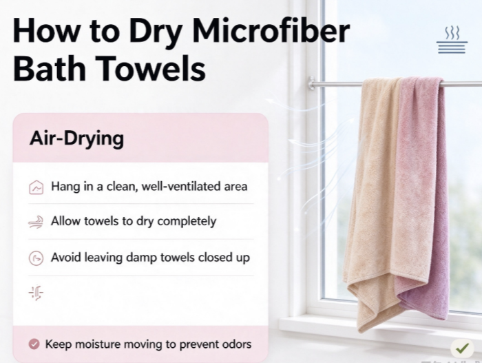 How to air dry microfiber bath towels, hang towels in well ventilated area to fully dry and prevent bad odor