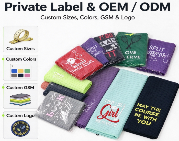 Private label OEM ODM microfiber towels, custom sizes colors GSM logo samples, Laurey Textiles