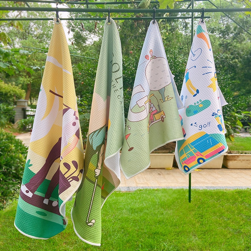 Microfiber printed waffle weave golf towels with grommet and hook
