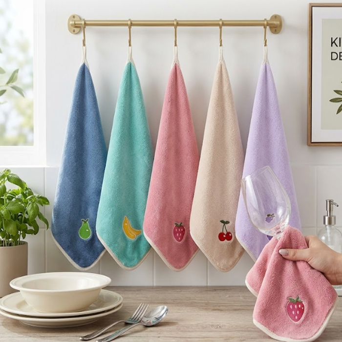 Hanging Embroidery Microfiber Dish Cloths - Quick-Dry Kitchen Rags with Hook